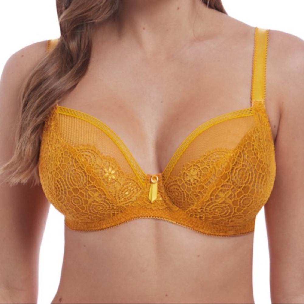 Freya Expression Plunge Crochet Lace Bra California Gold UK 28H US 28K &panties